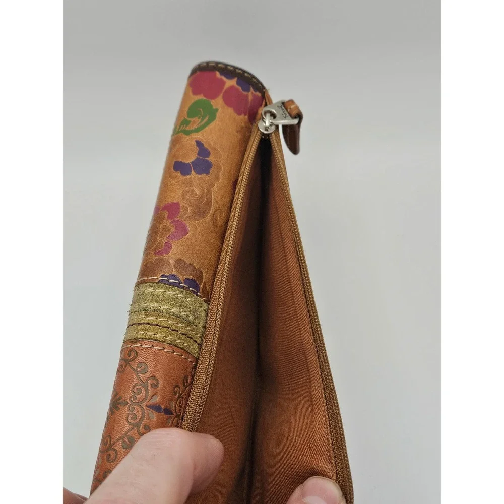 Fossil Brown Leather Patchwork Floral Tri-Fold Wallet with Zipper Pocket